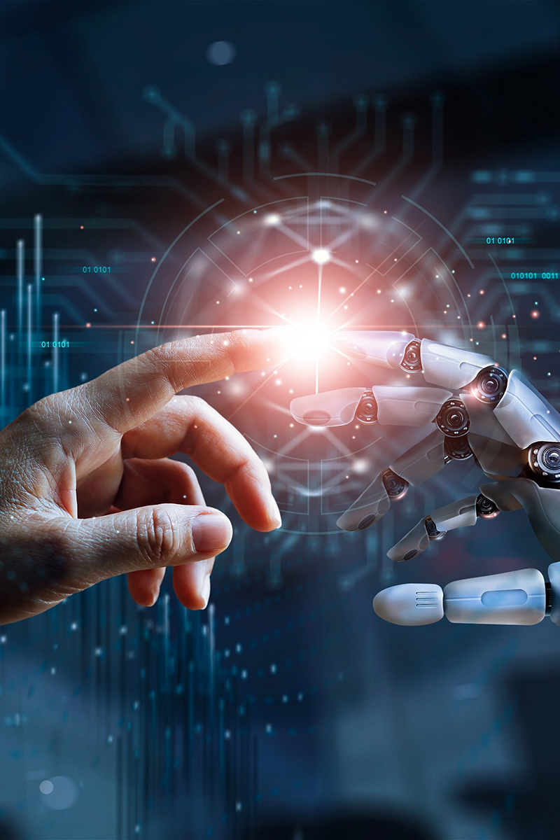 AI, Machine learning, Hands of robot and human touching on big data network connection, Data exchange, deep learning, Science and artificial intelligence technology, innovation of futuristic.