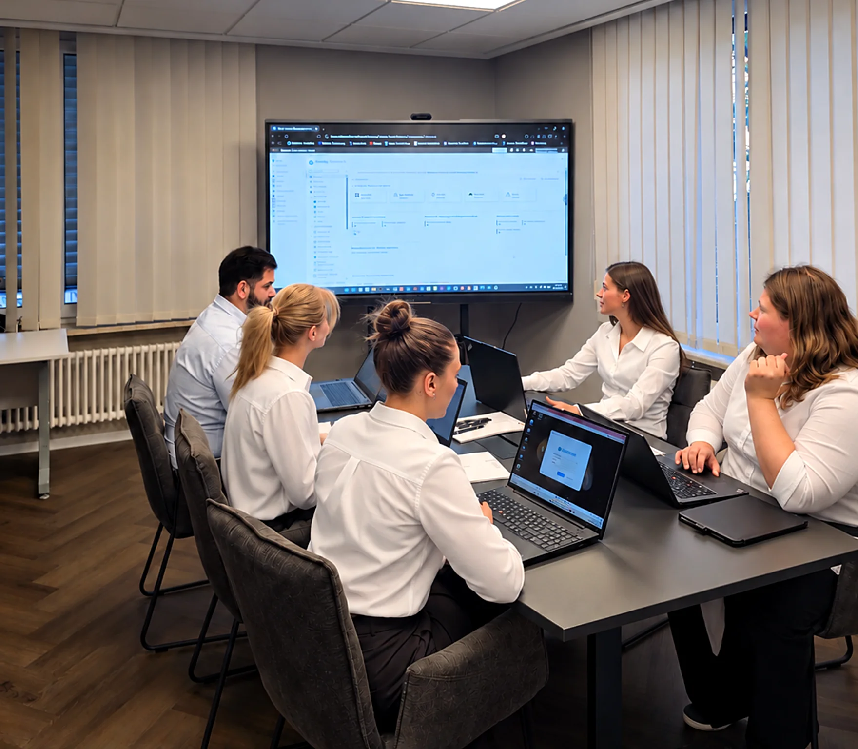Das Team von JADE IT im Workshop: gemeinsame Arbeit an einer Systemeinführung im Besprechungsraum in Sindelfingen